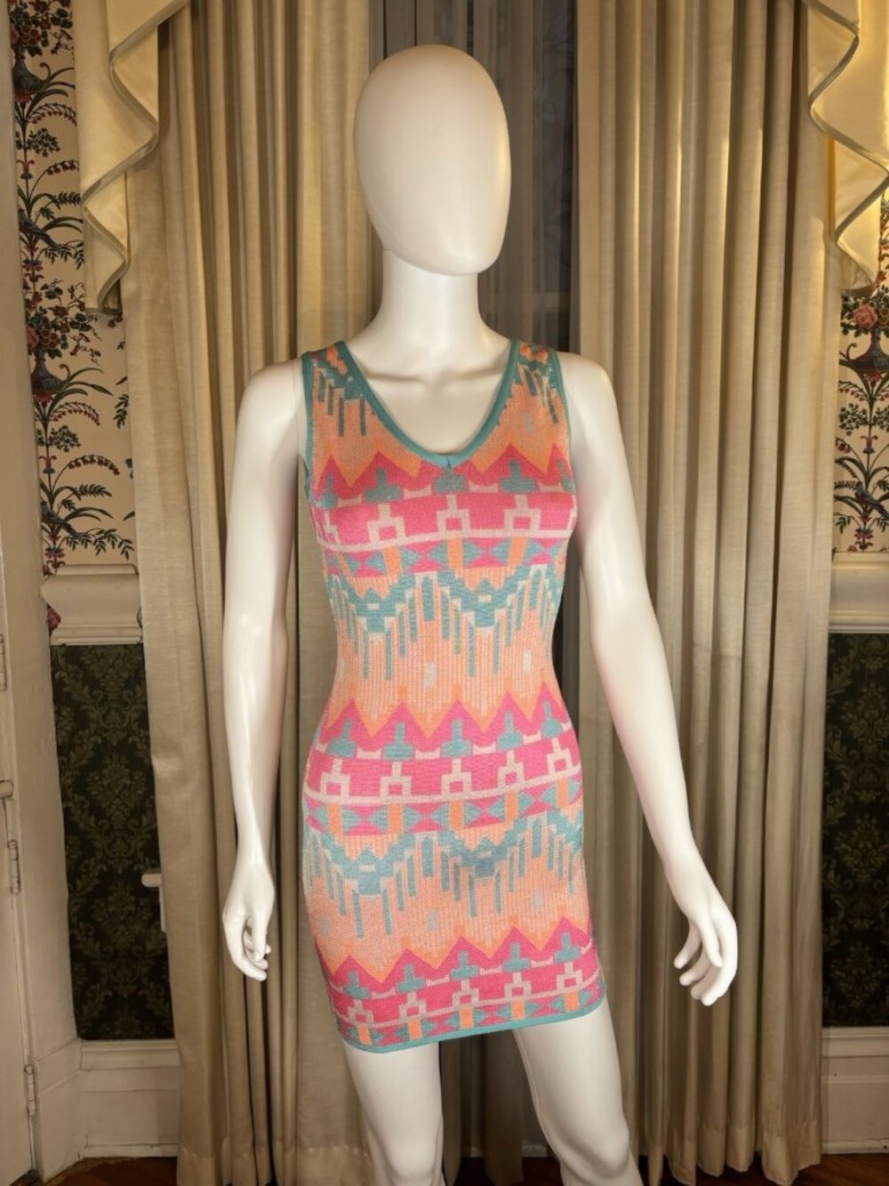 WOW Couture Aztec Print Bandage Mini Dress S NWT Pink Aqua Orange Geometric Tank
